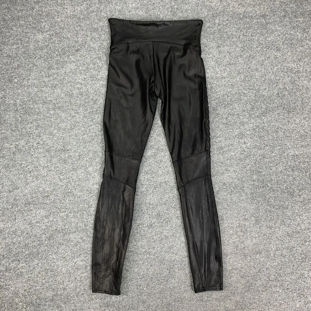 Spanx Leggings Women S Small Black Coated Faux Leather Moto Pull On Ribbed Panel